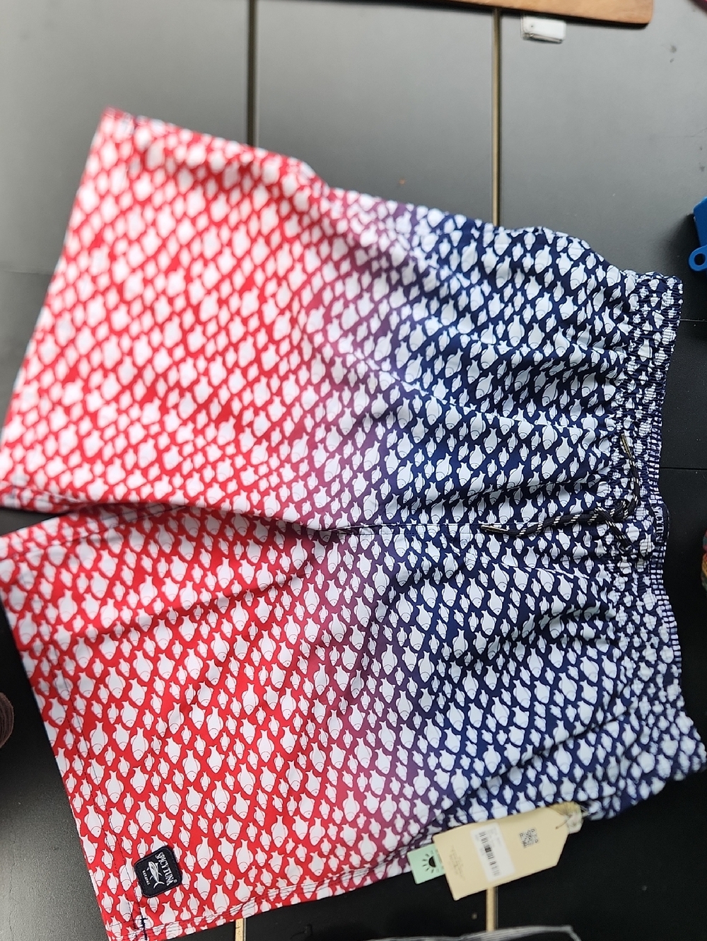 Men's Red & Blue Gradient Fish-Print Swim Trunks